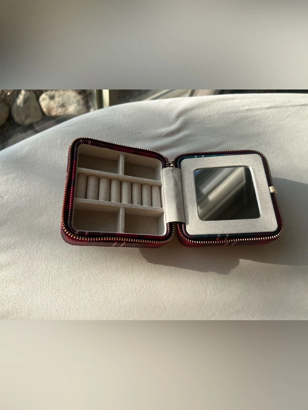 Mark & Graham Plaid Travel Jewelry Case Zip-Around w/ Mirror Faux Leather